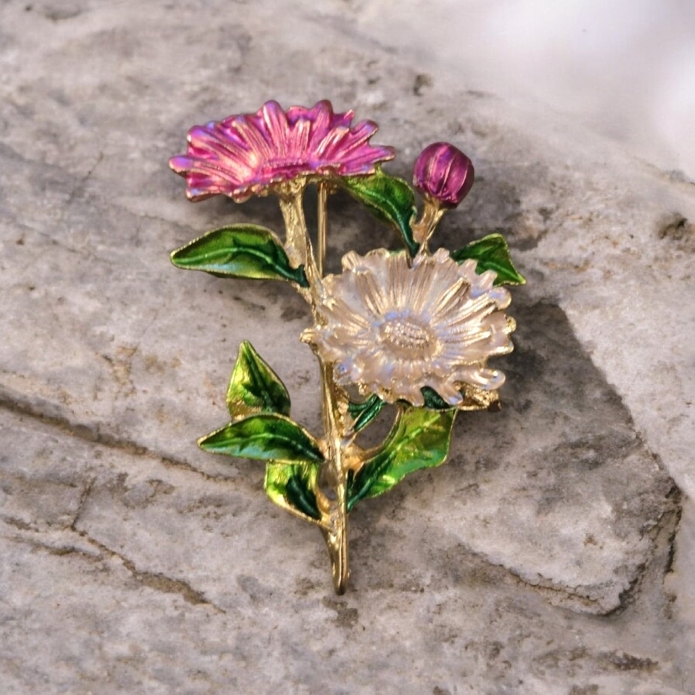 Floral Enamel Brooch with Pink and White Flowers